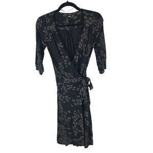H&M Wrap Dress Leaf Print Stretch Elbow Sleeve Black Gray 4